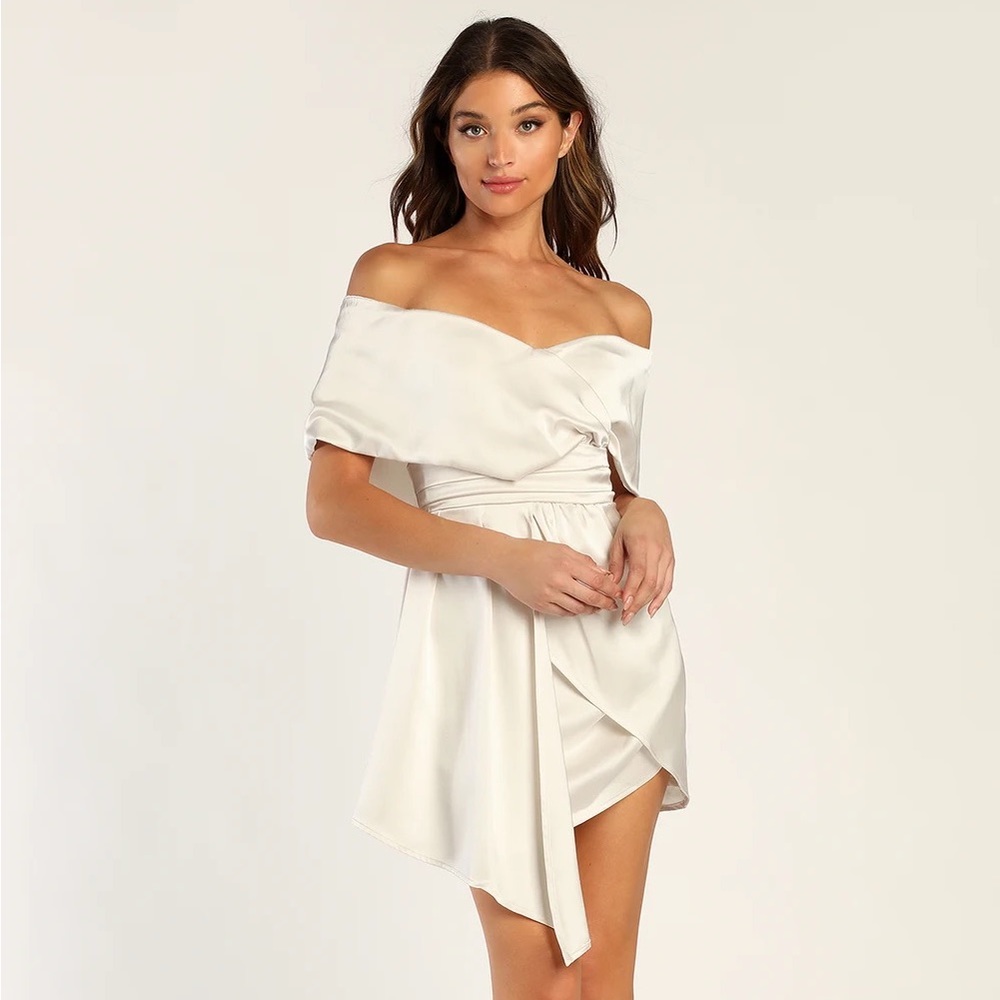Lulu’s Always Celebrating Ivory Satin Off-the-Shoulder Mini Dress